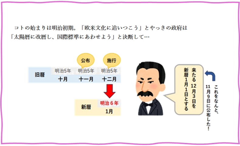 コトの始まりは明治初期。「欧米文化に追いつこう」とやっきの政府は 「太陽暦に改暦し、国際標準にあわせよう」と決断して…