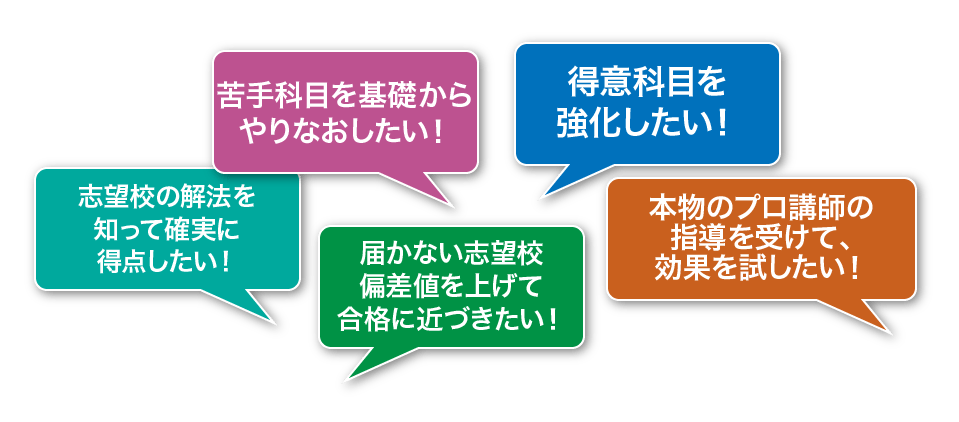 得意科目を強化したい！苦手科目を基礎からやりなおしたい！受験ドクターの指導法に賭けて偏差値アップを狙いたい！志望校対策前の基礎固めに活用したい！評判の本物のプロの授業を受けてみたい！