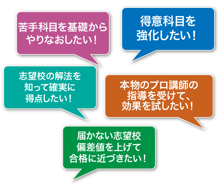 得意科目を強化したい！苦手科目を基礎からやりなおしたい！受験ドクターの指導法に賭けて偏差値アップを狙いたい！志望校対策前の基礎固めに活用したい！評判の本物のプロの授業を受けてみたい！