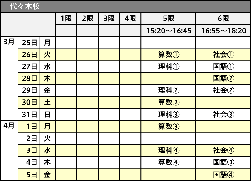 中学受験ドクター 代々木校 5年生 春期講習 少人数授業スケジュール