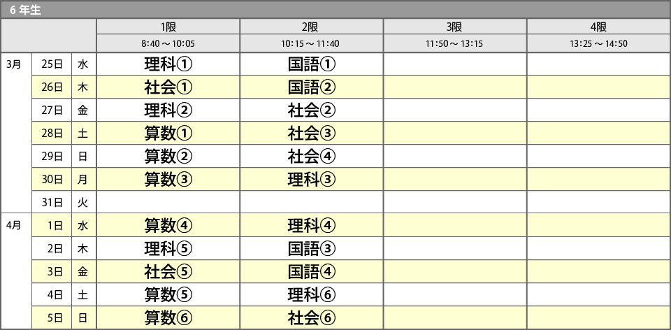 中学受験ドクター 代々木校 6年生 春期講習 少人数授業スケジュール