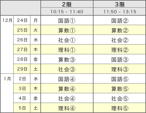 中学受験ドクター 代々木校 6年生 冬期講習 少人数授業スケジュール